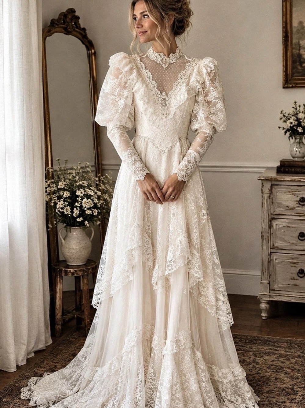 Vintage Lace Wedding Gown White Large Like New